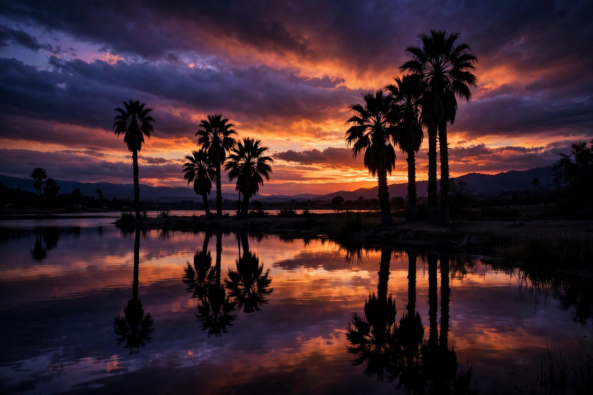 Palm trees over the water at sunset